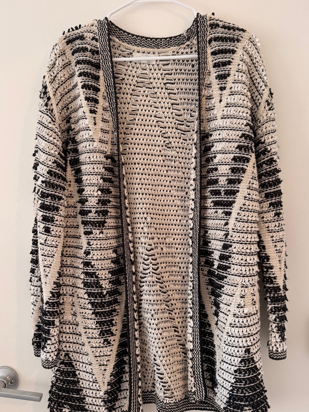 Lucky Brand Black Ivory Mixed Stitch Knit Open Front Cardigan Sweater M Boho